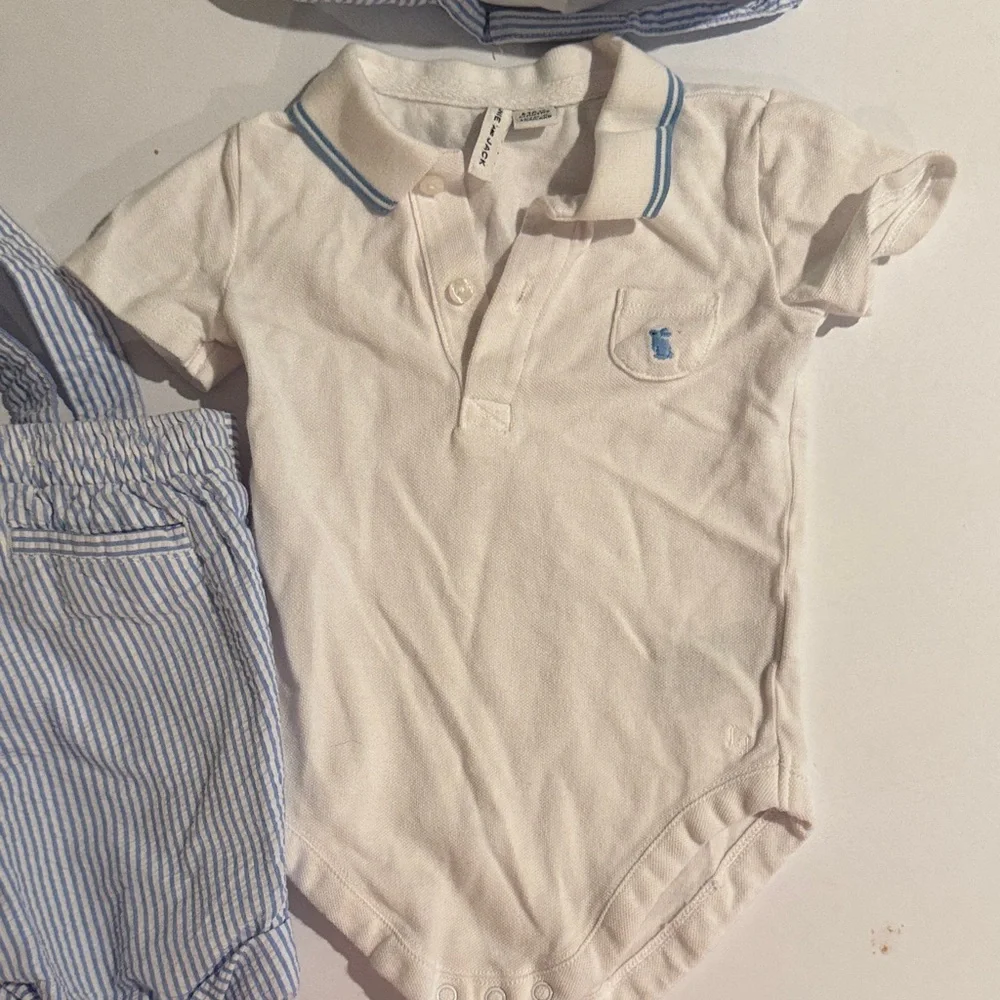 Janie and‎ Jack Seersucker Polo & Overalls With Matching Hat 6-12 Months Boy